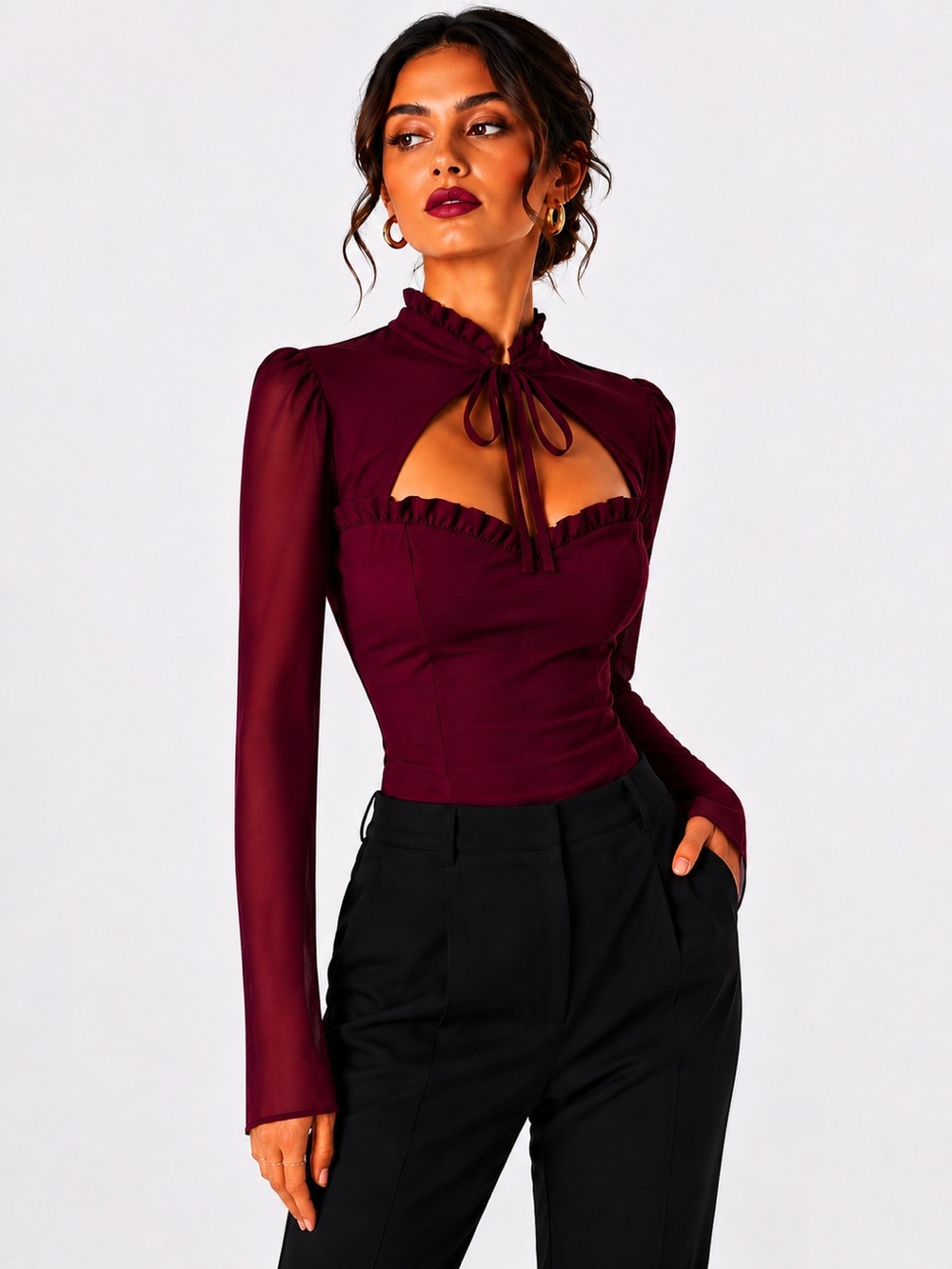 Burgundy Romantic Cutout Blouse Sheer Sleeve Evening Top